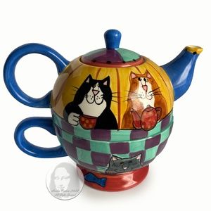 Ceramic Tea Pot Set 3pc Cup Lid Pot Catzilla by Candace Reiter 2001 Cat Lover
